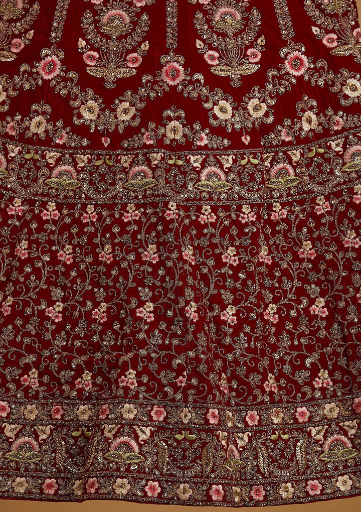Maroon Threadwork Velvet Designer Semi-Stitched Lehenga - koskii