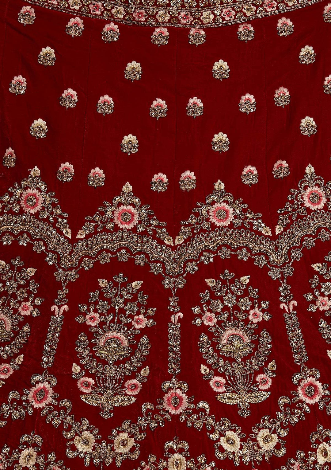 Maroon Threadwork Velvet Designer Semi-Stitched Lehenga - koskii