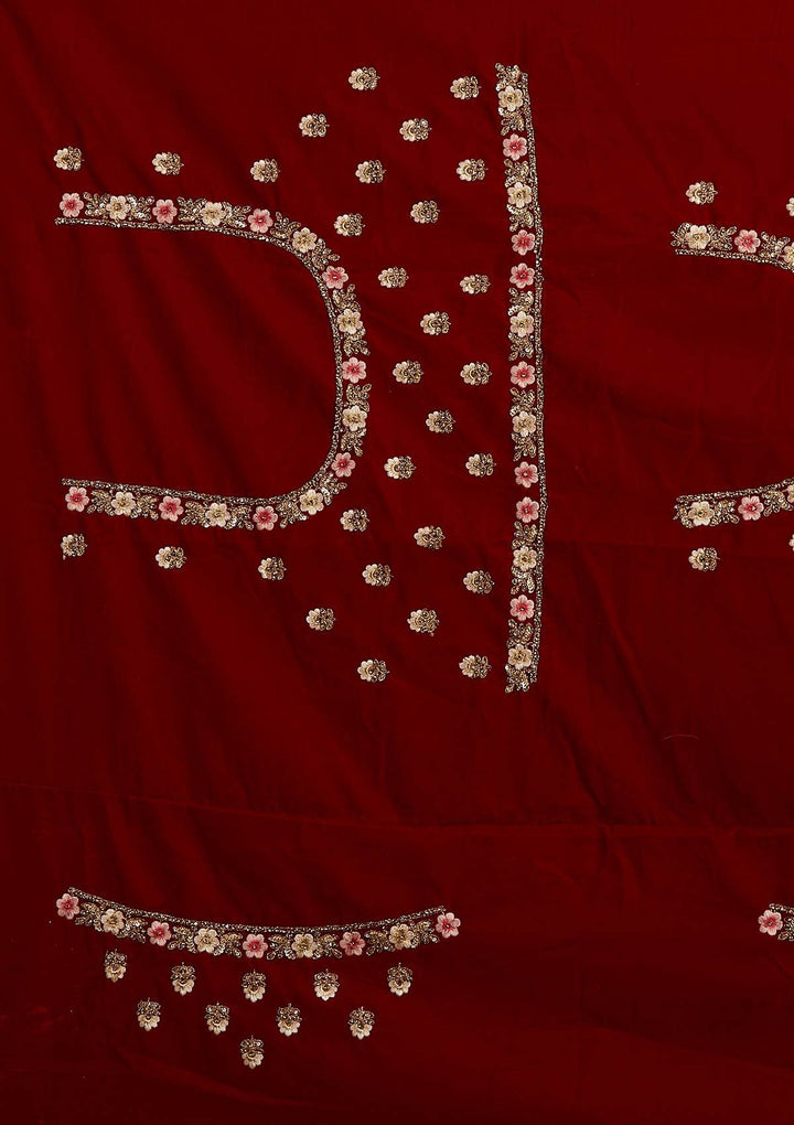 Maroon Threadwork Velvet Designer Semi-Stitched Lehenga - koskii