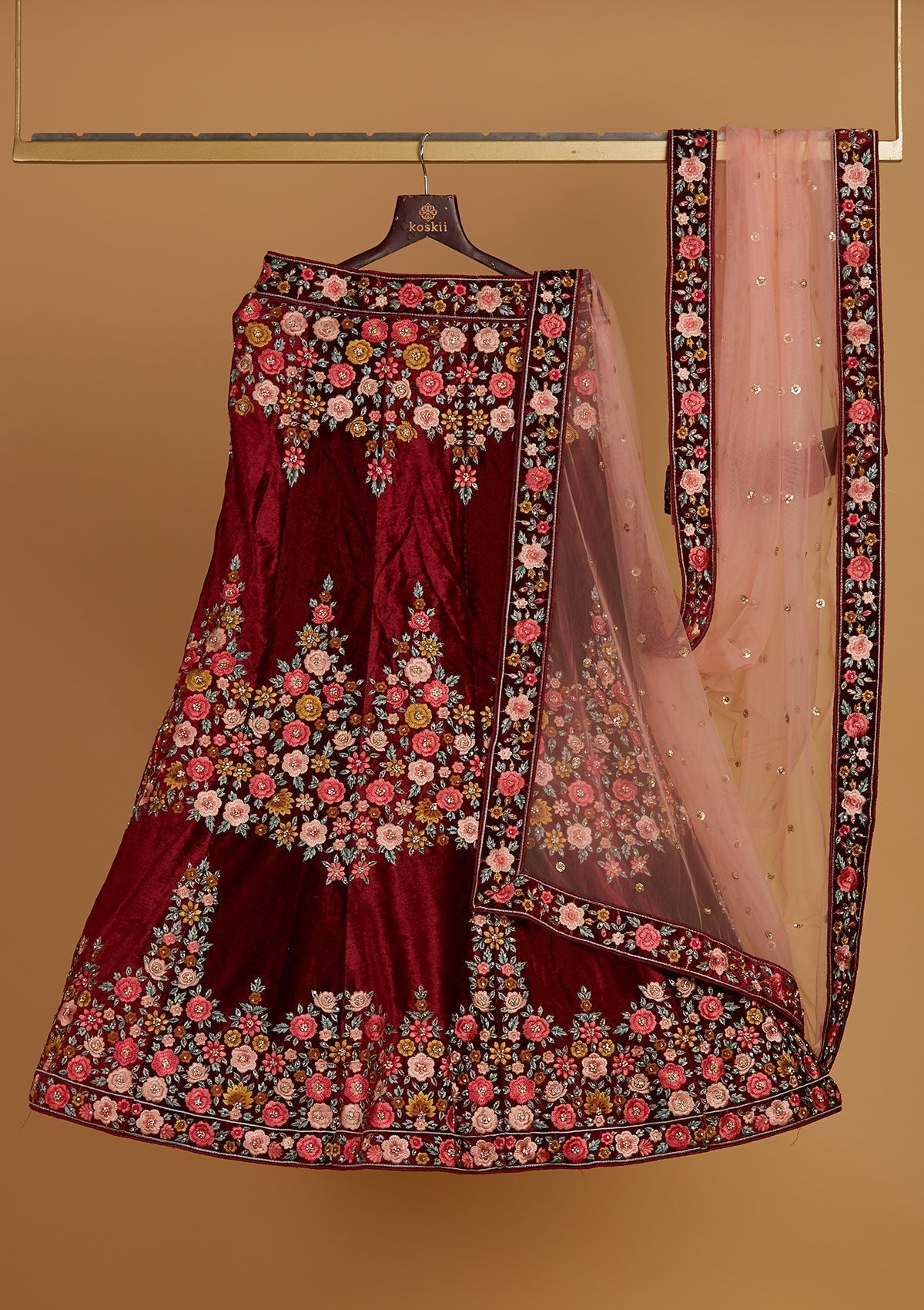 Maroon Threadwork Velvet Designer Semi-Stitched Lehenga - Koskii