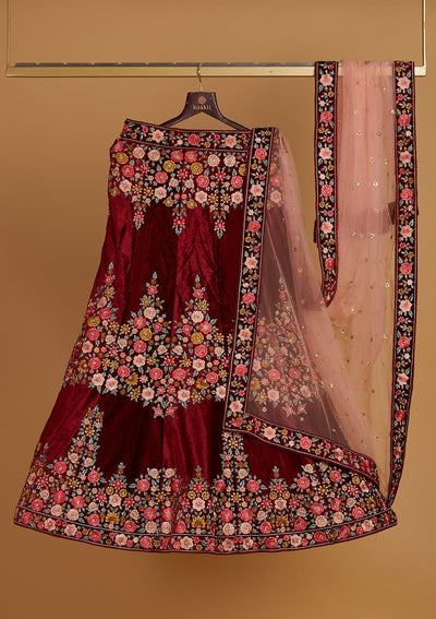 Maroon Threadwork Velvet Designer Semi-Stitched Lehenga - Koskii