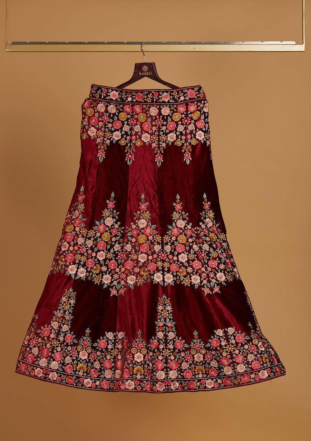 Maroon Threadwork Velvet Designer Semi-Stitched Lehenga - Koskii