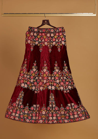 Maroon Threadwork Velvet Designer Semi-Stitched Lehenga - Koskii