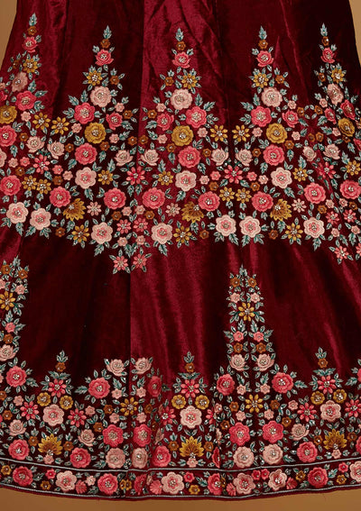 Maroon Threadwork Velvet Designer Semi-Stitched Lehenga - Koskii