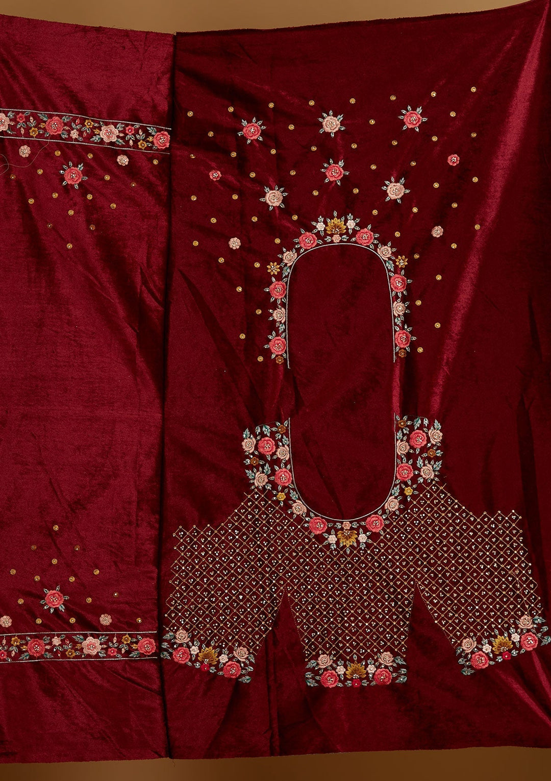 Maroon Threadwork Velvet Designer Semi-Stitched Lehenga - Koskii