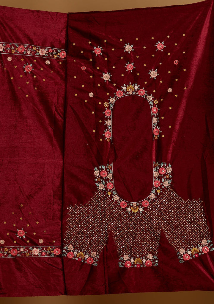 Maroon Threadwork Velvet Designer Semi-Stitched Lehenga - Koskii