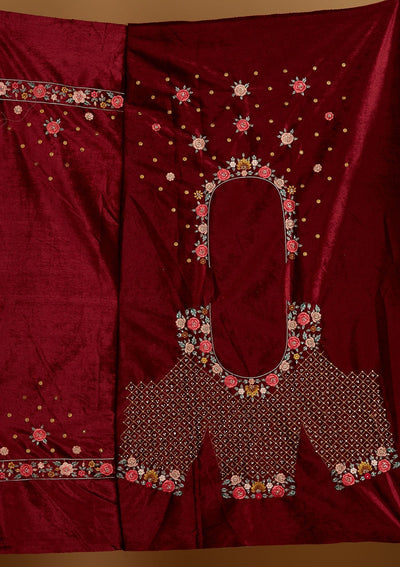 Maroon Threadwork Velvet Designer Semi-Stitched Lehenga - Koskii