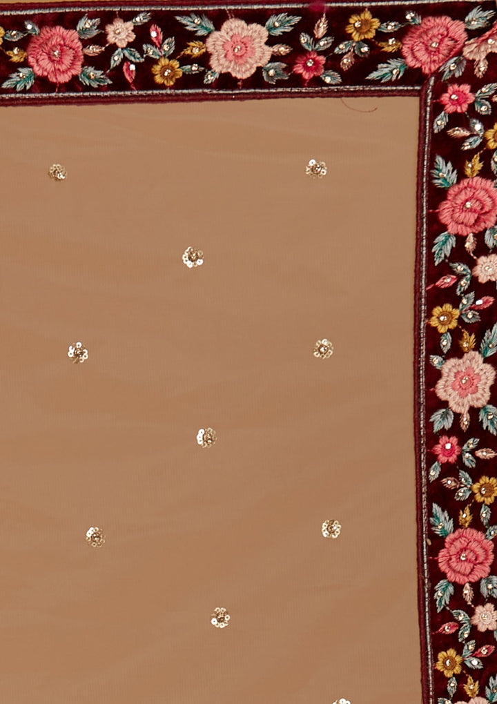 Maroon Threadwork Velvet Designer Semi-Stitched Lehenga - Koskii
