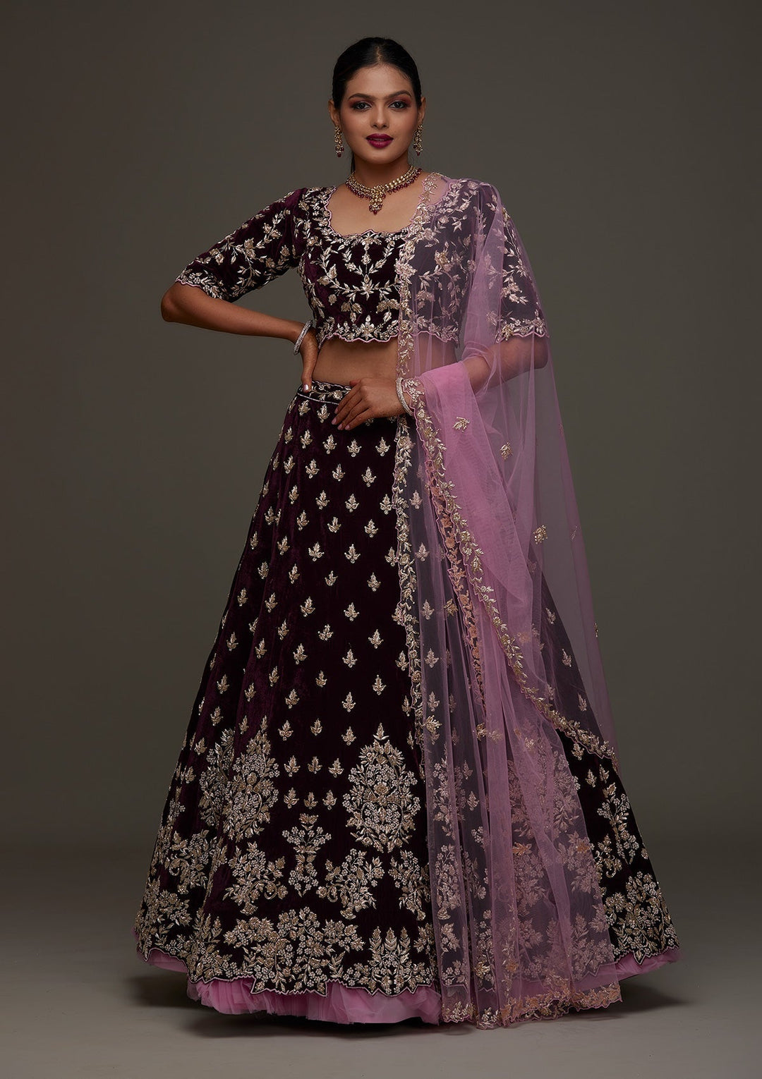 Maroon Zardosi Velvet Designer Lehenga- Koskii