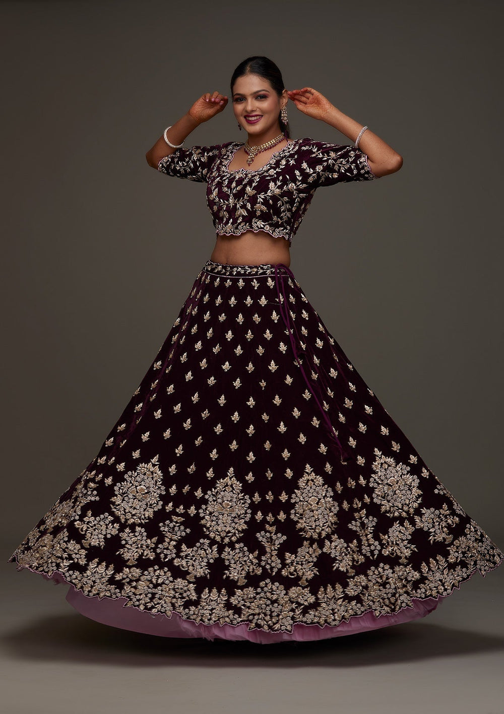 Maroon Zardosi Velvet Designer Lehenga - Koskii