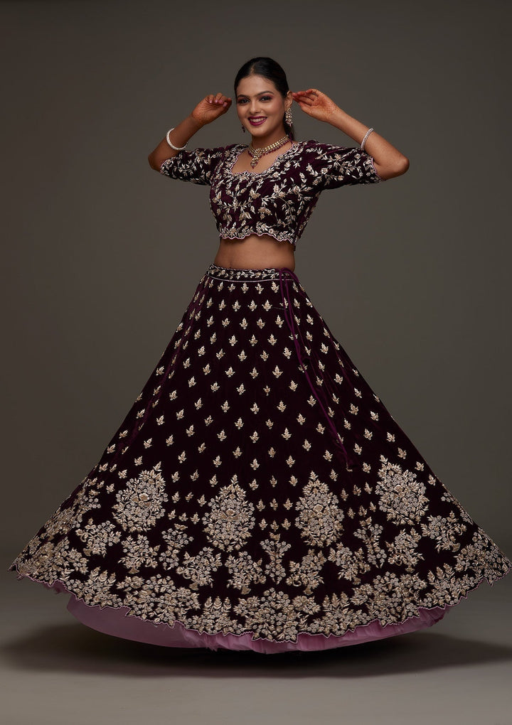 Maroon Zardosi Velvet Designer Lehenga - Koskii