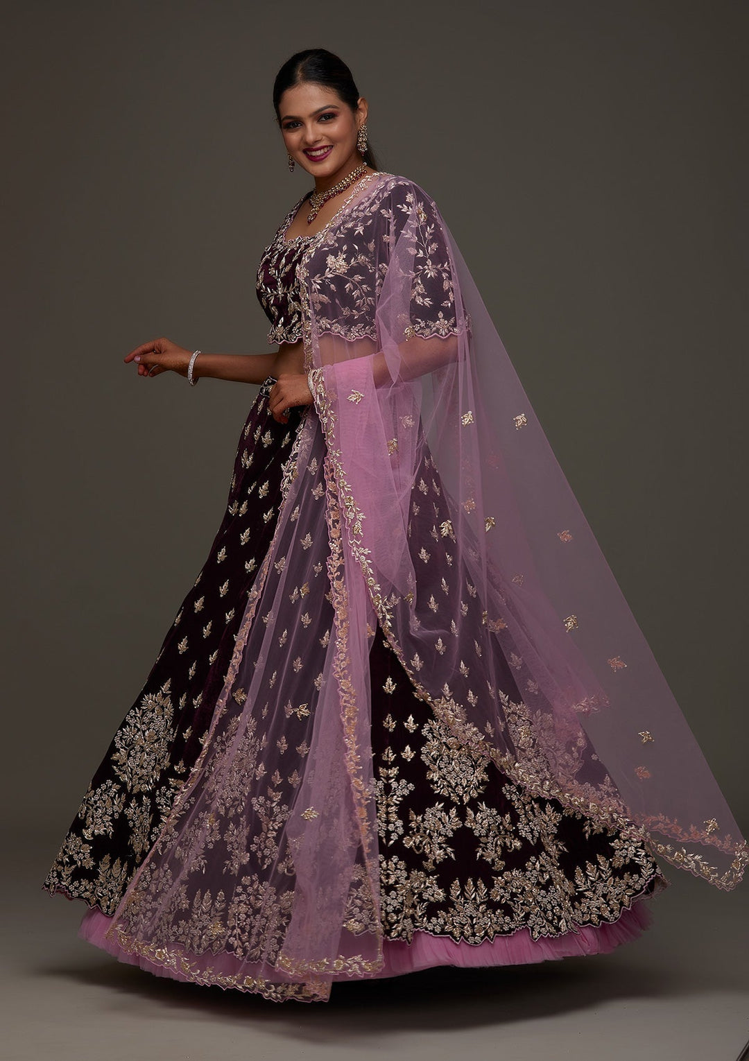Maroon Zardosi Velvet Designer Lehenga - Koskii