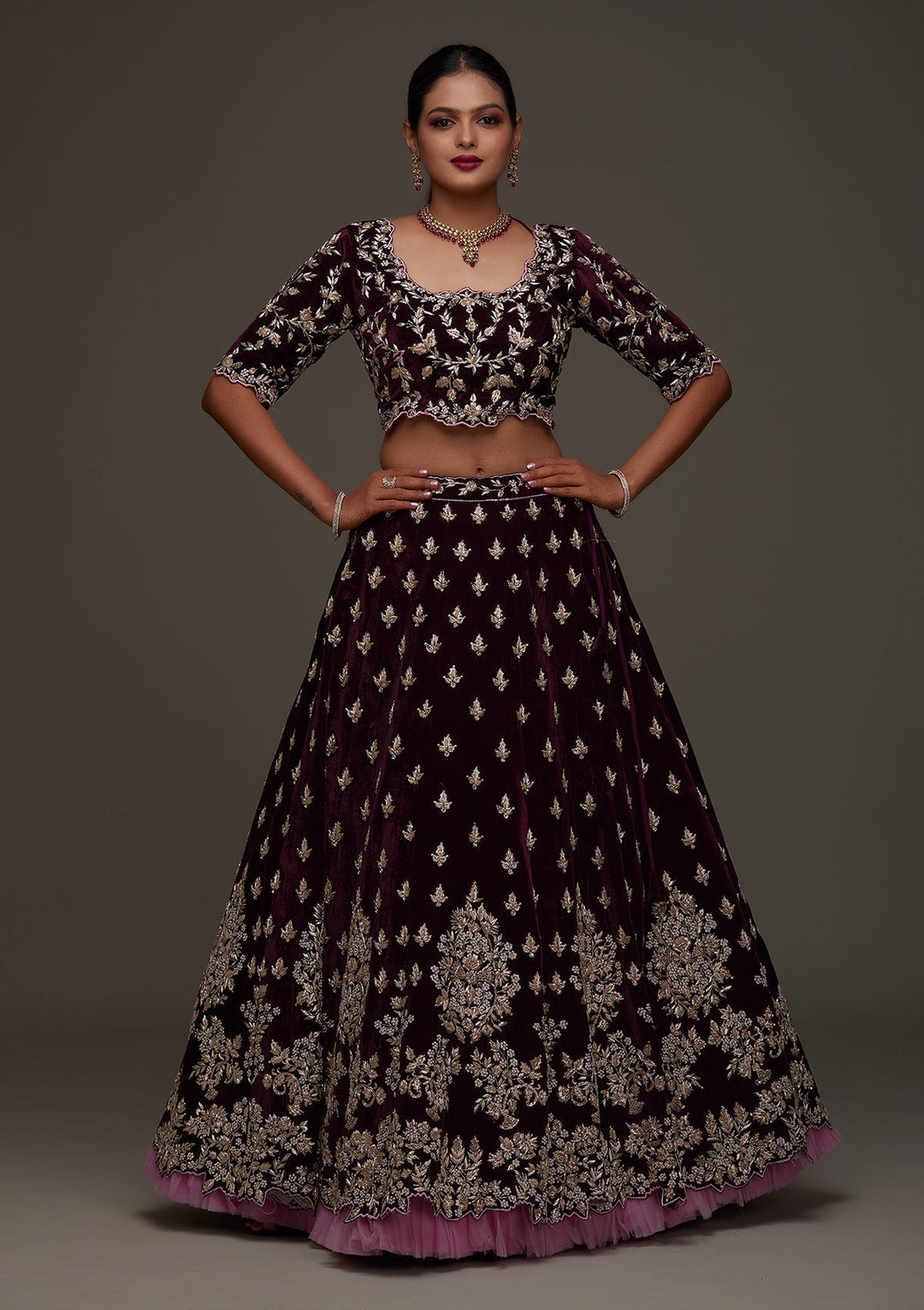 Maroon Zardosi Velvet Designer Lehenga - Koskii