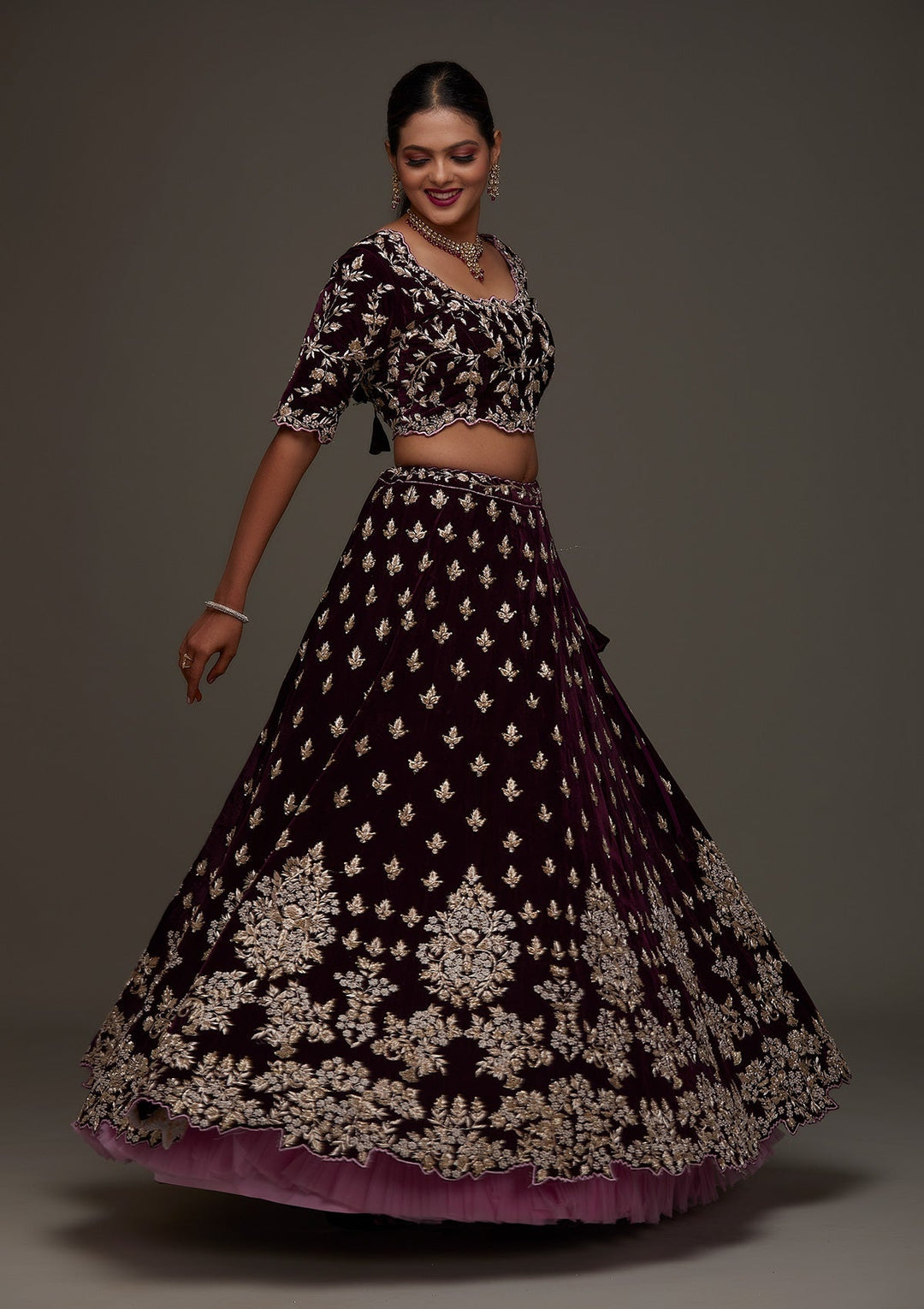 Maroon Zardosi Velvet Designer Lehenga - Koskii