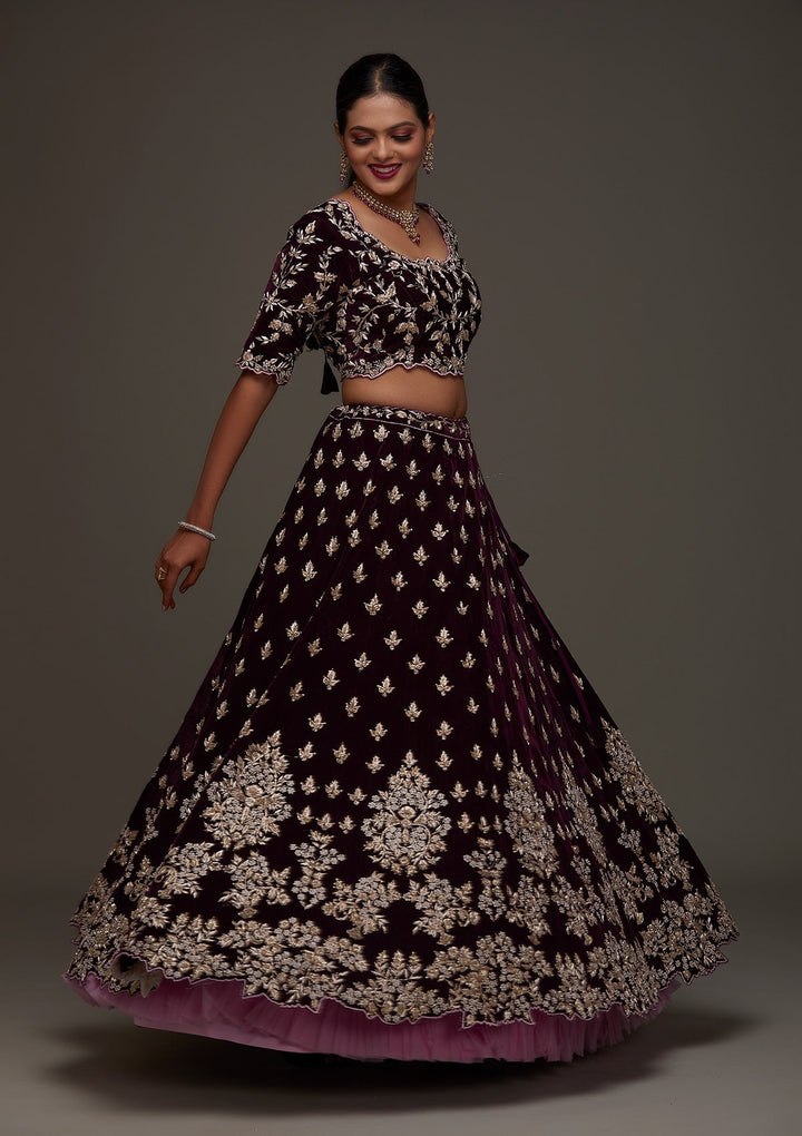 Maroon Zardosi Velvet Designer Lehenga - Koskii