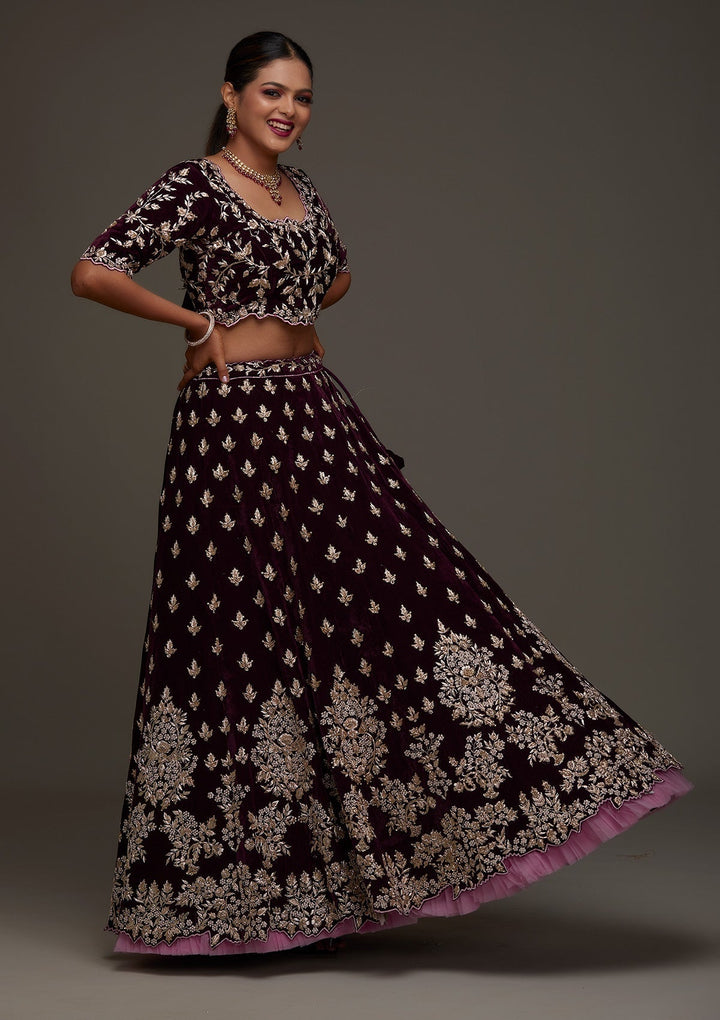 Maroon Zardosi Velvet Designer Lehenga - Koskii