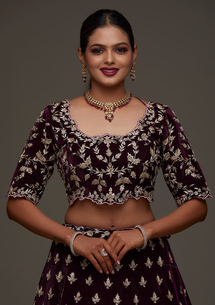 Maroon Zardosi Velvet Designer Lehenga - Koskii