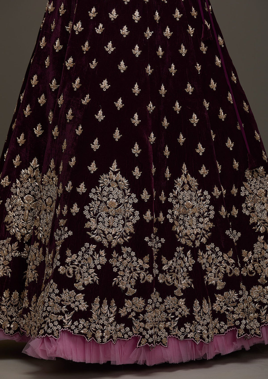 Maroon Zardosi Velvet Designer Lehenga - Koskii
