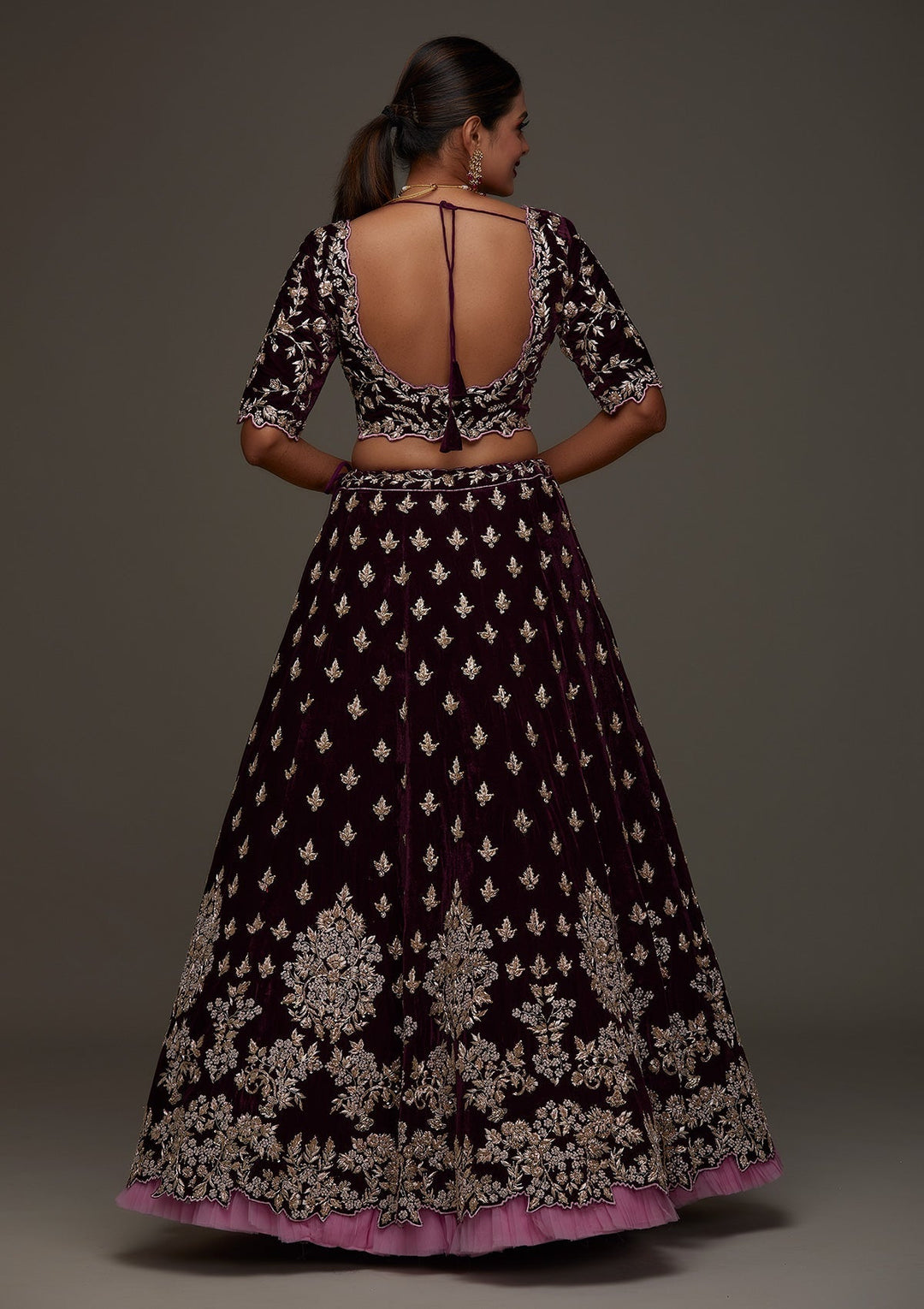Maroon Zardosi Velvet Designer Lehenga - Koskii