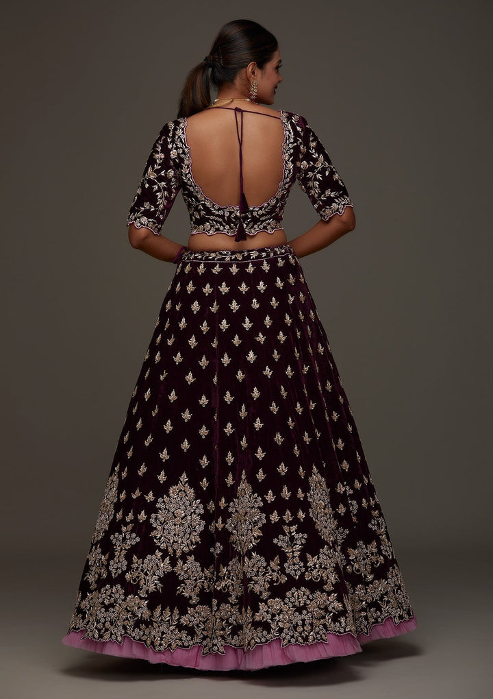 Maroon Zardosi Velvet Designer Lehenga - Koskii