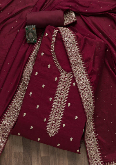 Maroon Zariwork Art Silk Semi-Stitched Salwar Suit-Koskii