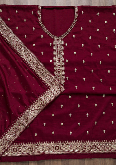 Maroon Zariwork Art Silk Semi-Stitched Salwar Suit-Koskii