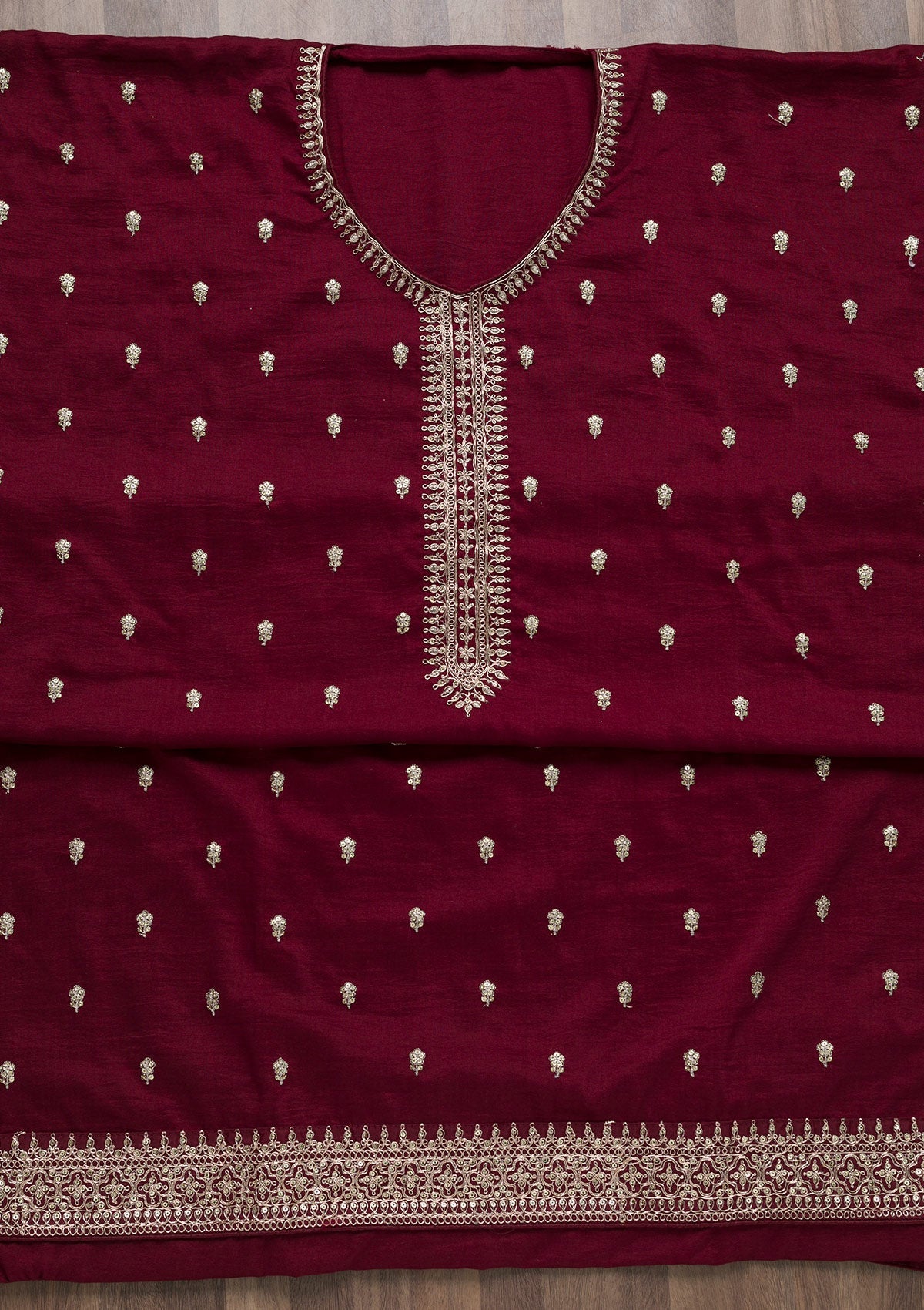 Maroon Zariwork Art Silk Semi-Stitched Salwar Suit-Koskii