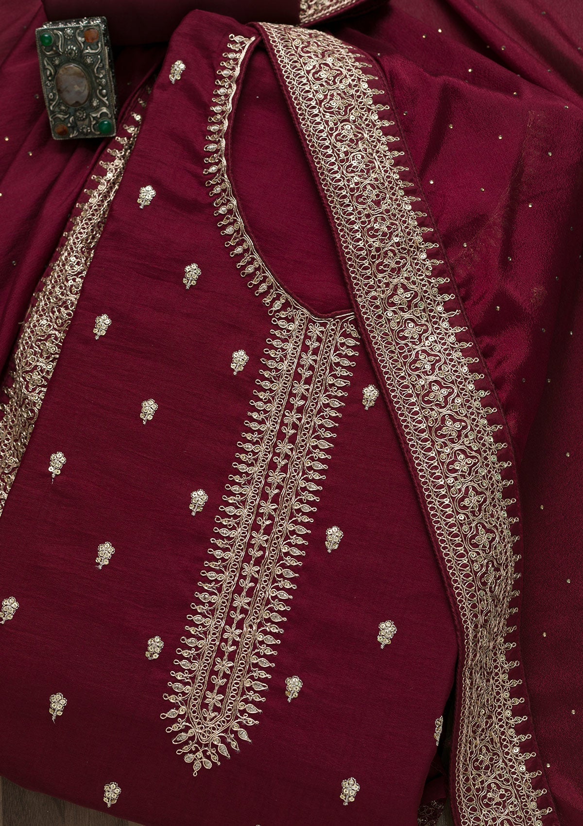 Maroon Zariwork Art Silk Semi-Stitched Salwar Suit-Koskii