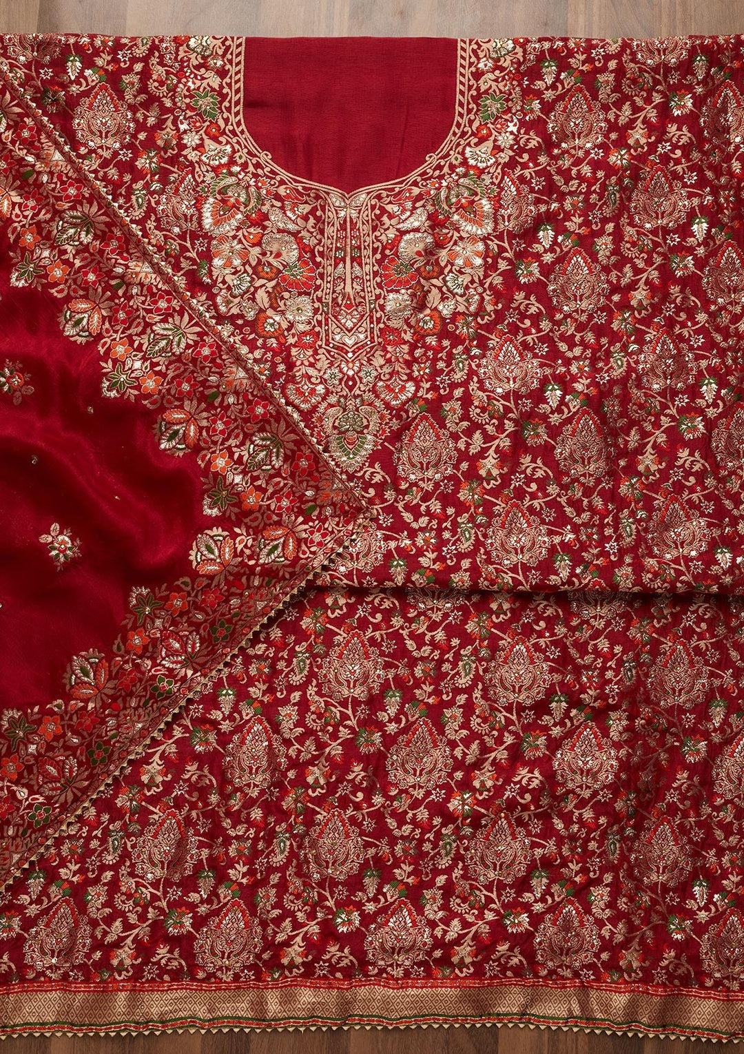 Maroon Zariwork Art Silk Unstitched Salwar Suit - Koskii