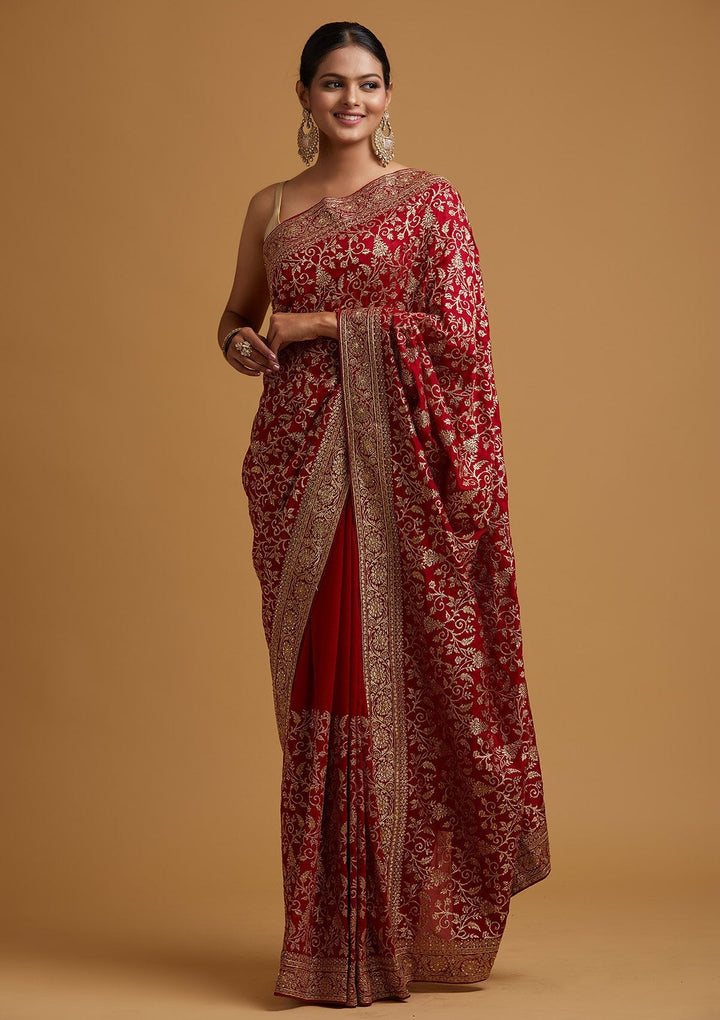 Maroon Zariwork Art Silk Designer Saree - koskii