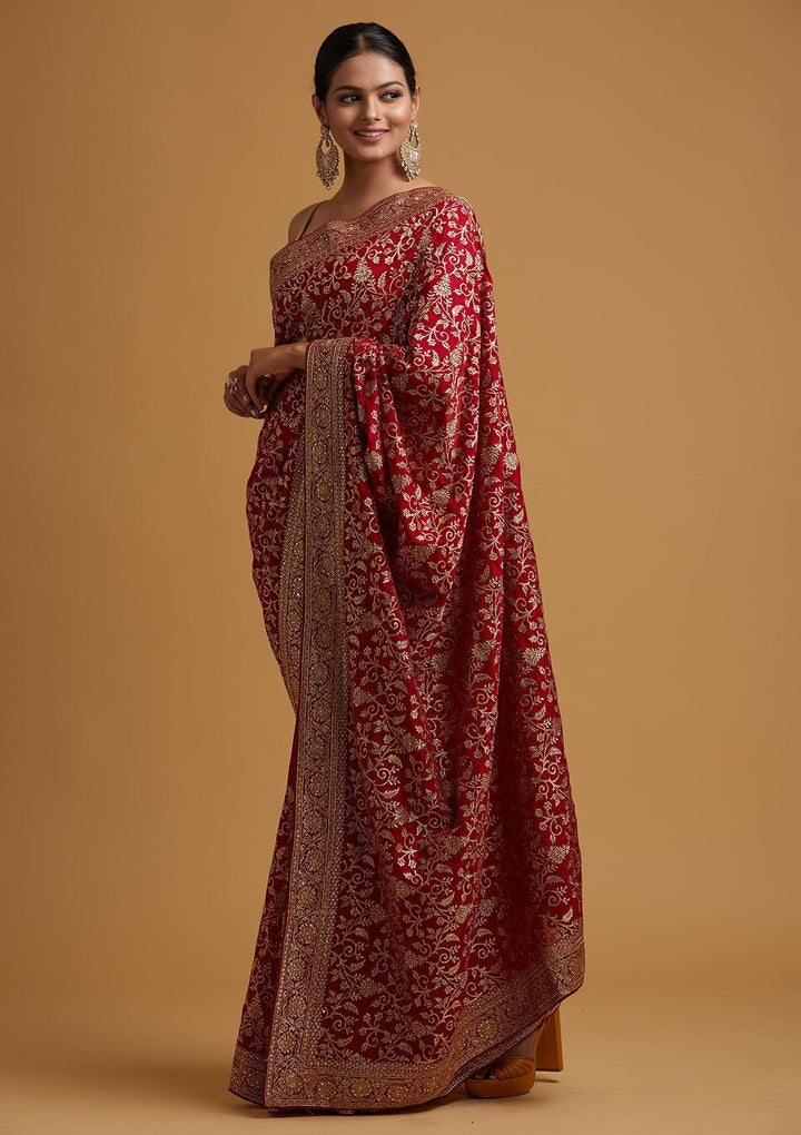 Maroon Zariwork Art Silk Designer Saree - koskii