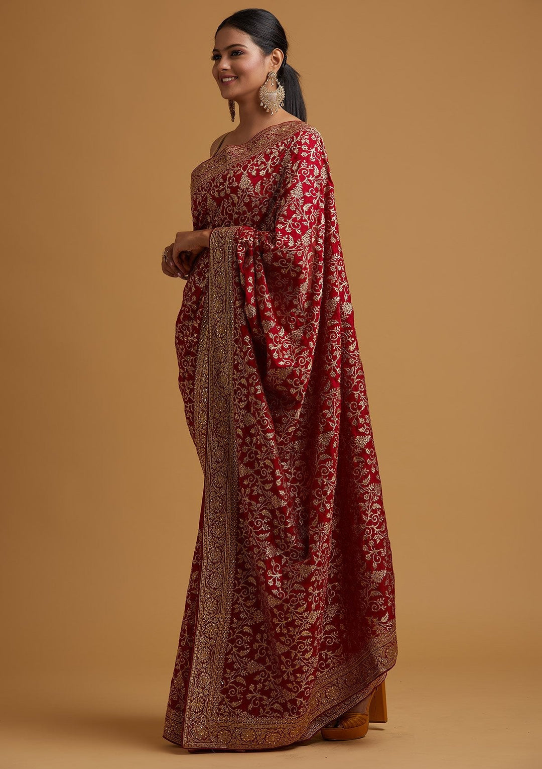 Maroon Zariwork Art Silk Designer Saree - koskii