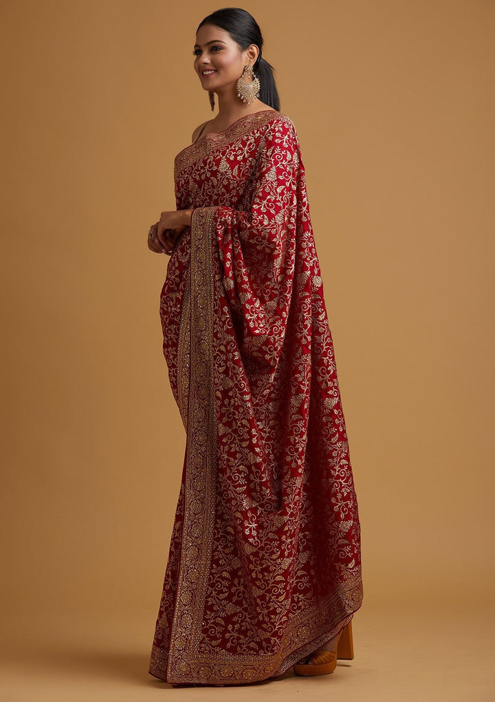 Maroon Zariwork Art Silk Designer Saree - koskii
