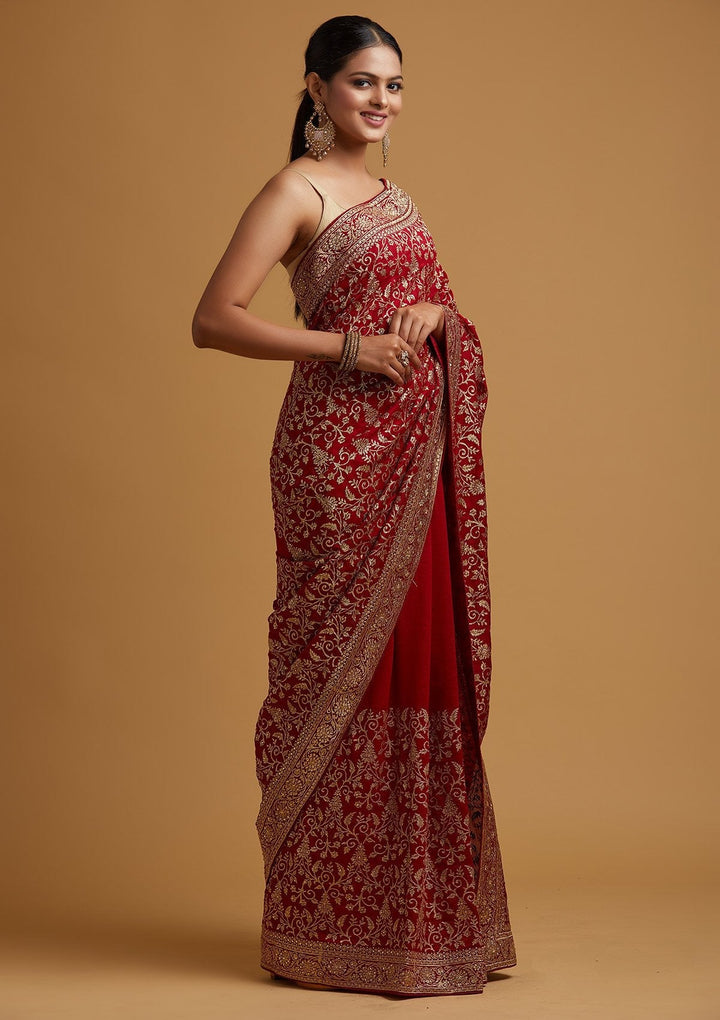 Maroon Zariwork Art Silk Designer Saree - koskii
