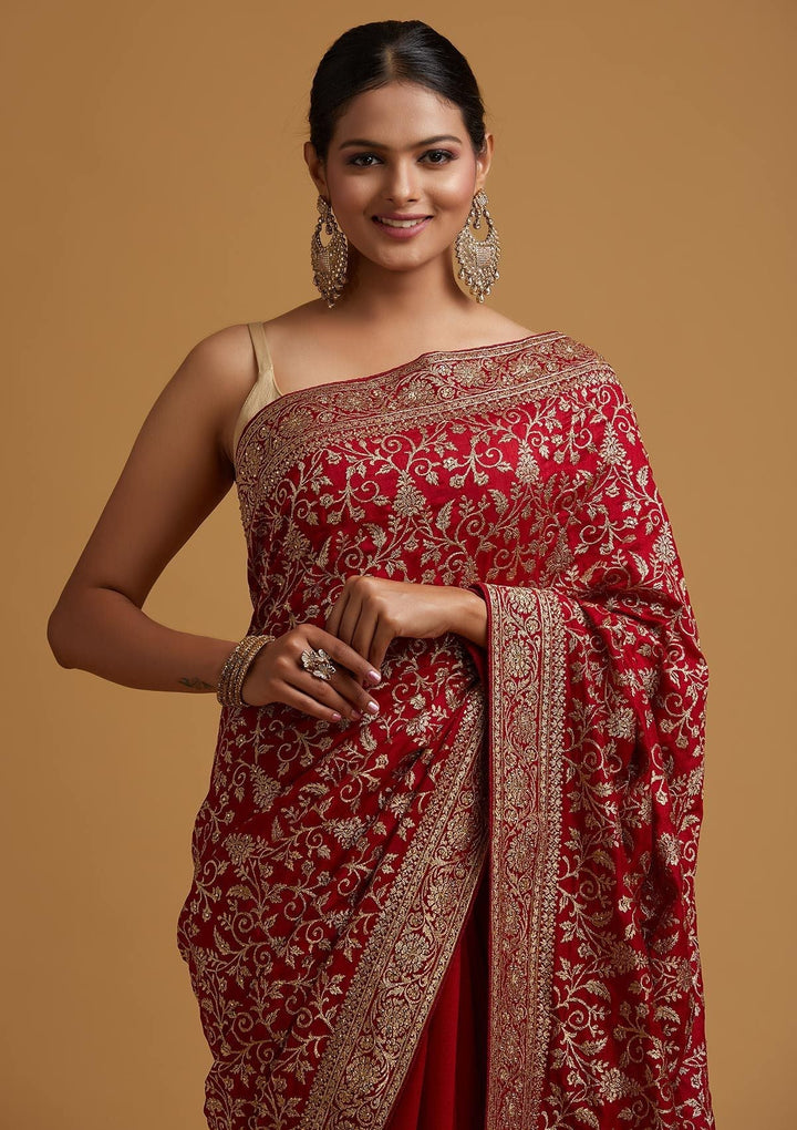 Maroon Zariwork Art Silk Designer Saree - koskii
