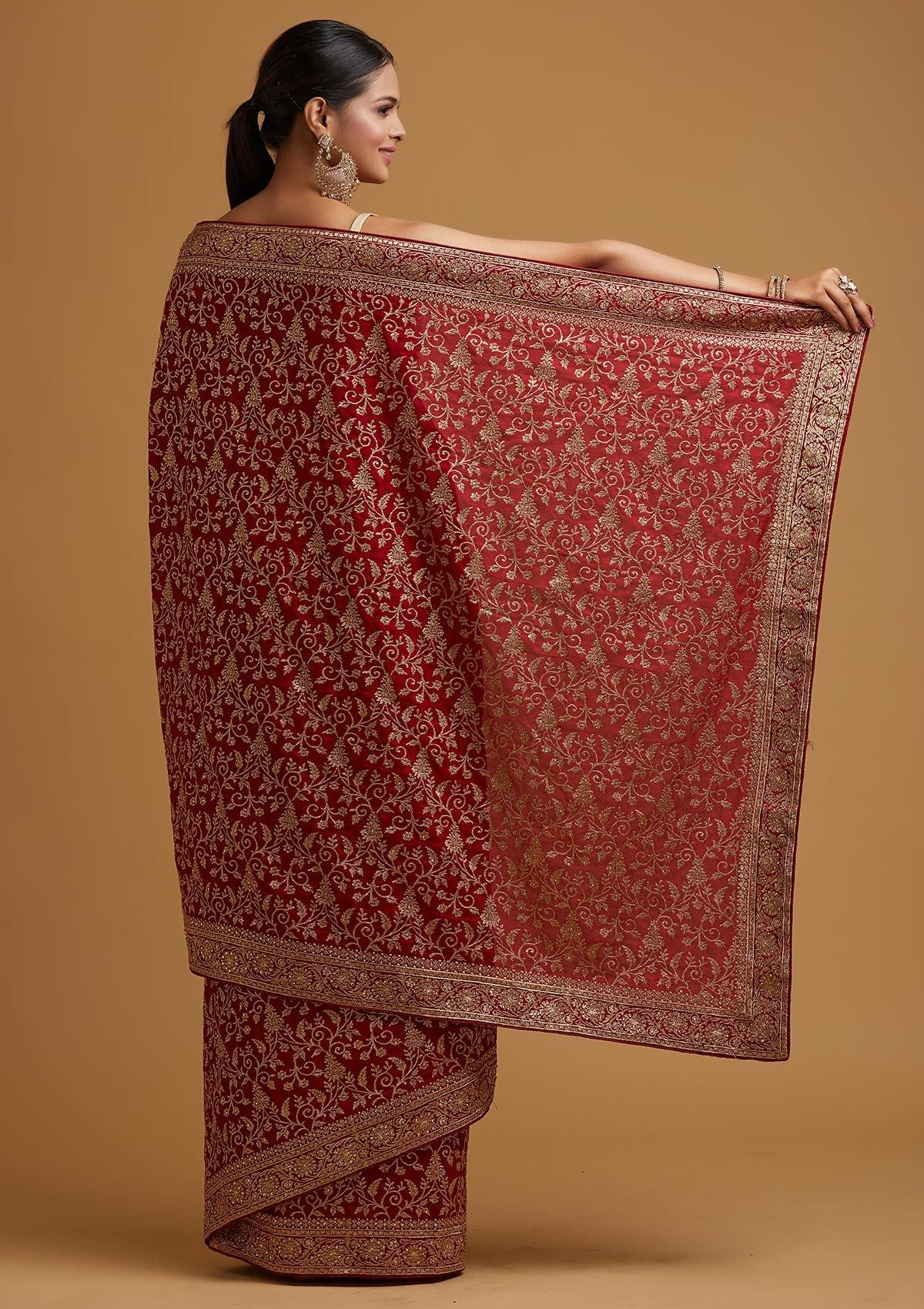 Buy Maroon Zariwork Art Silk Saree - Koskii