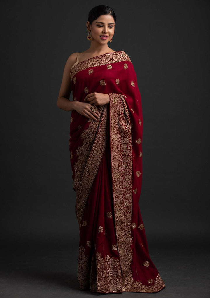 Maroon Zariwork Art Silk Designer Saree - koskii