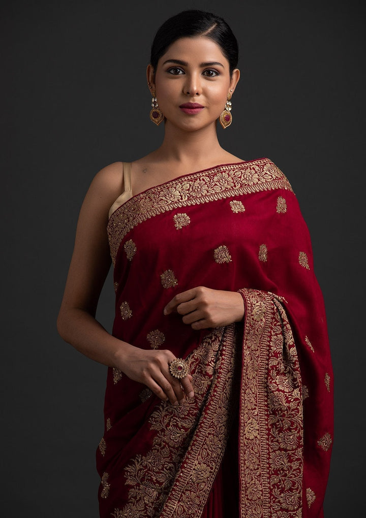 Maroon Zariwork Art Silk Designer Saree - koskii