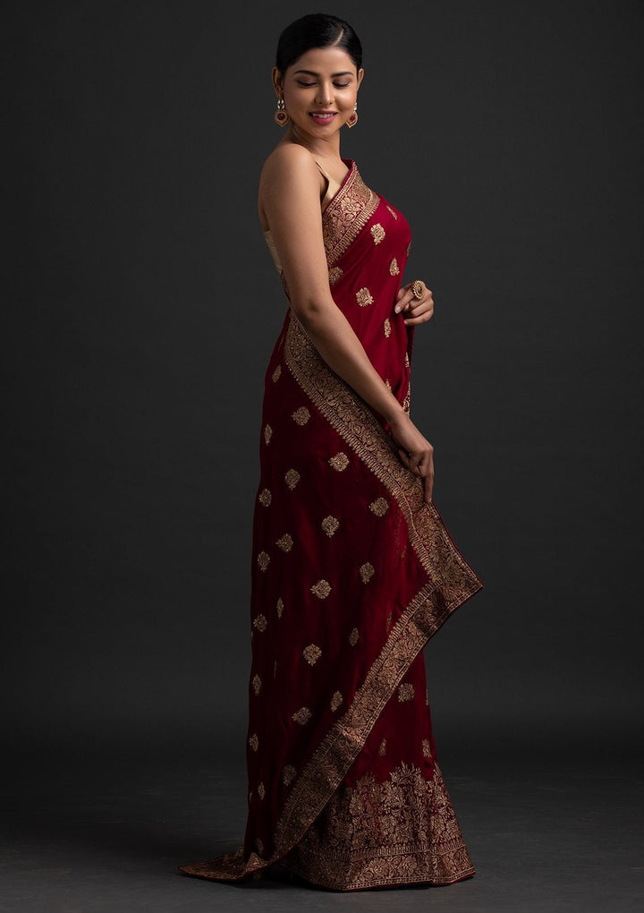 Maroon Zariwork Art Silk Designer Saree - koskii
