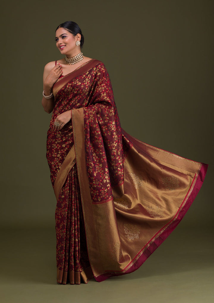 Maroon Zariwork Art Silk Unstitched Saree-Koskii