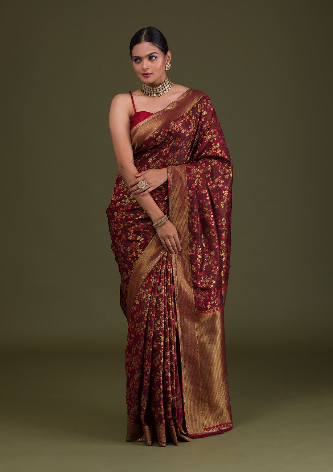 Maroon Zariwork Art Silk Unstitched Saree-Koskii