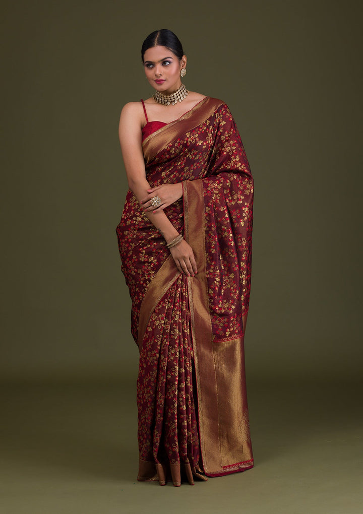Maroon Zariwork Art Silk Unstitched Saree-Koskii