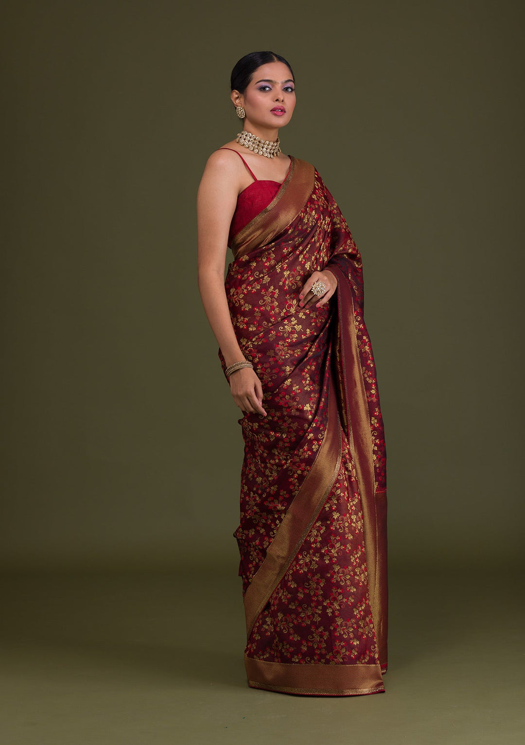 Maroon Zariwork Art Silk Unstitched Saree-Koskii