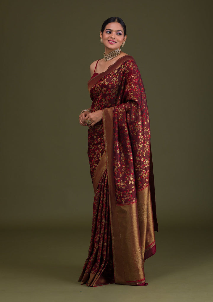 Maroon Zariwork Art Silk Unstitched Saree-Koskii
