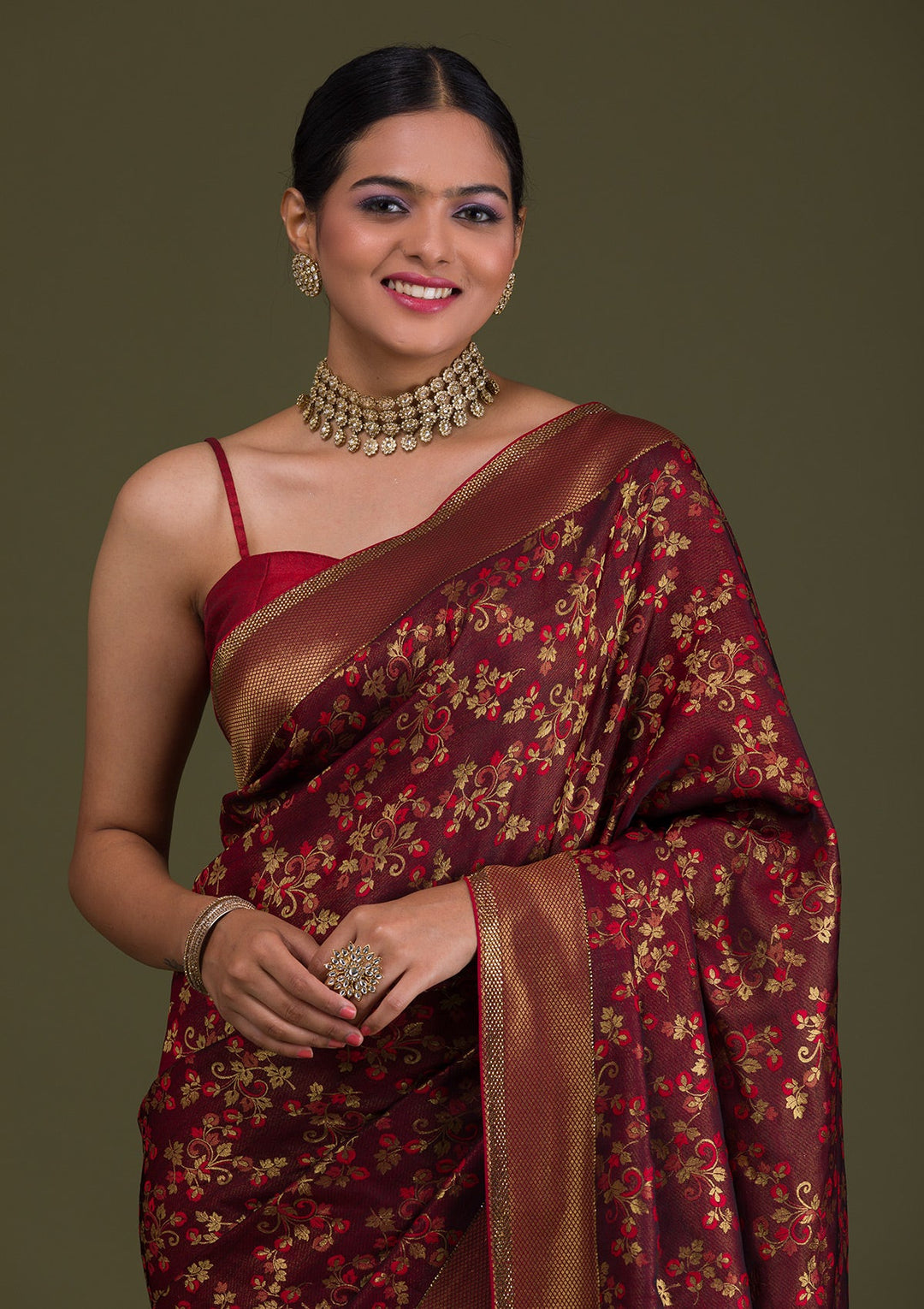 Maroon Zariwork Art Silk Unstitched Saree-Koskii