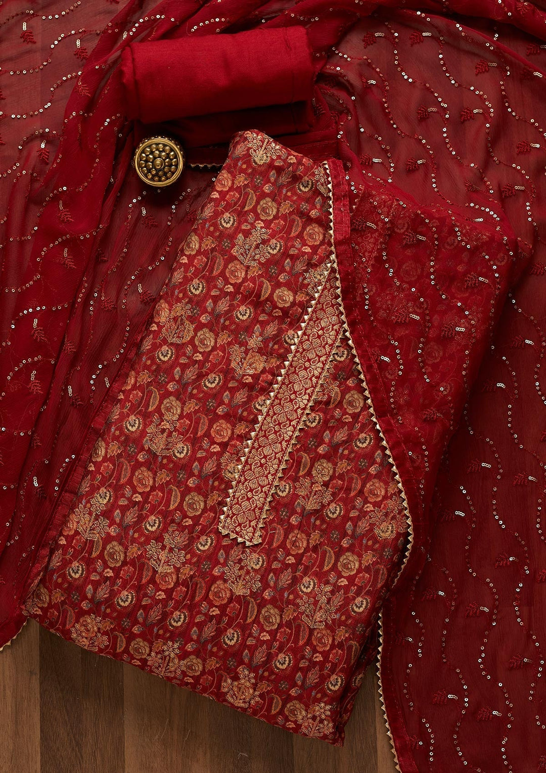 Maroon Zariwork Banarasi Semi-Stitched Salwar Suit-Koskii