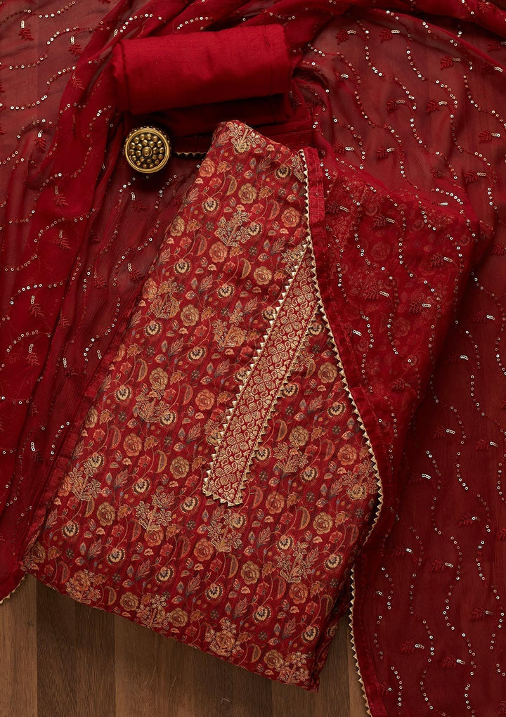 Maroon Zariwork Banarasi Semi-Stitched Salwar Suit-Koskii