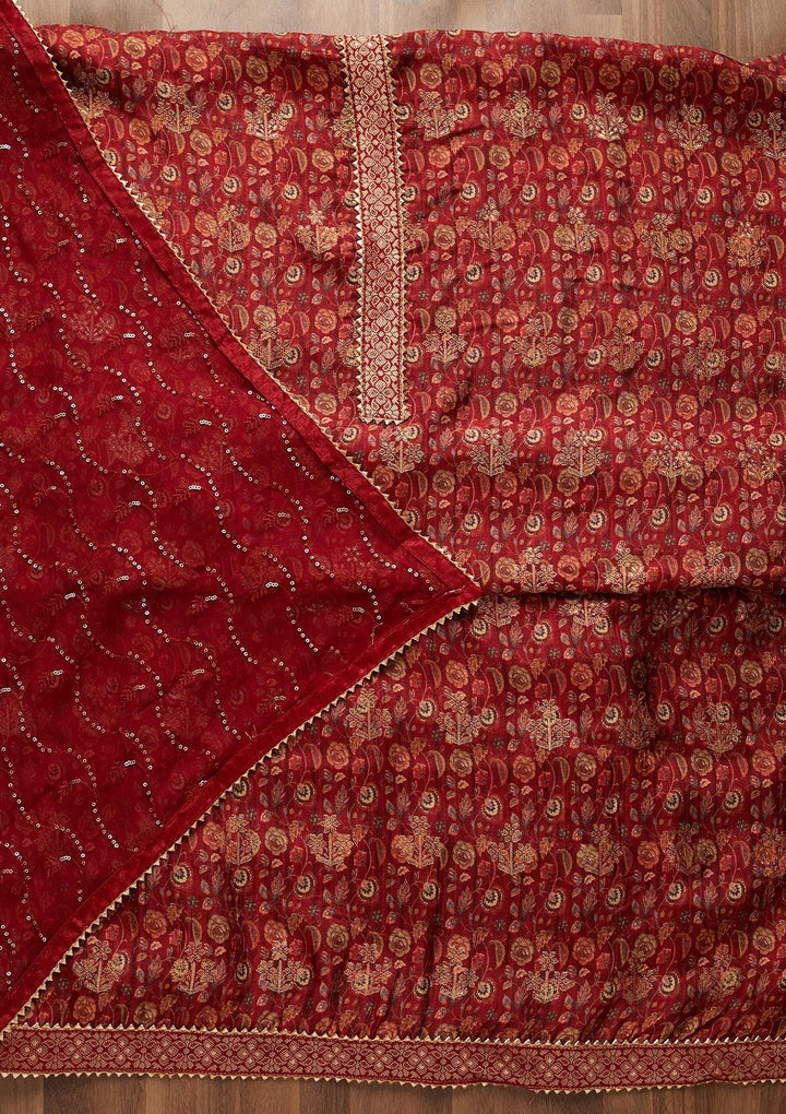 Maroon Zariwork Banarasi Semi-Stitched Salwar Suit-Koskii