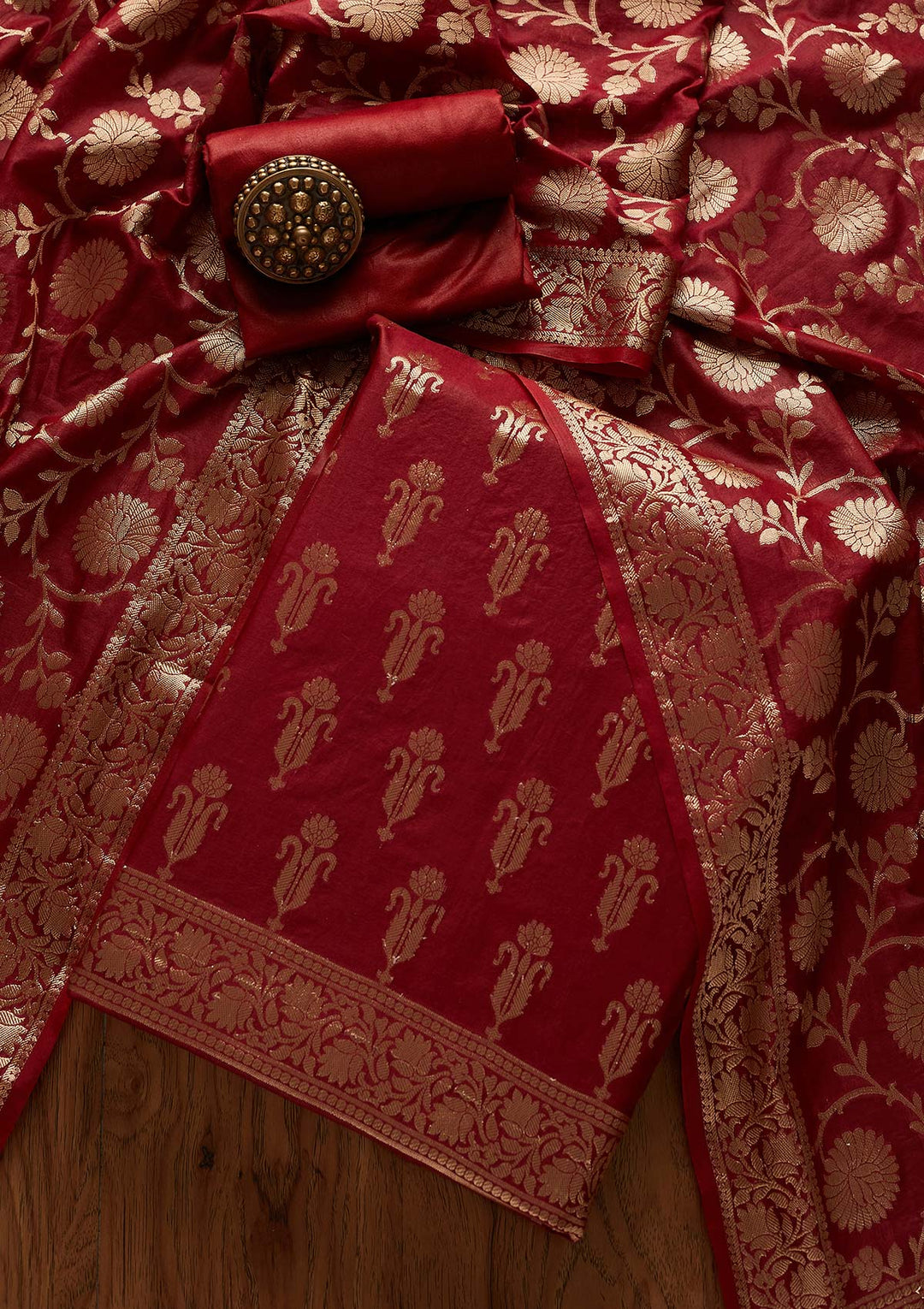 Maroon Zariwork Banarasi Designer Unstitched Salwar Suit - Koskii