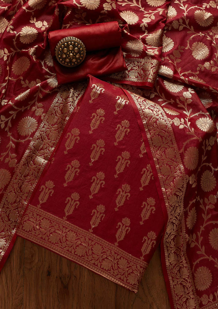 Maroon Zariwork Banarasi Designer Unstitched Salwar Suit - Koskii